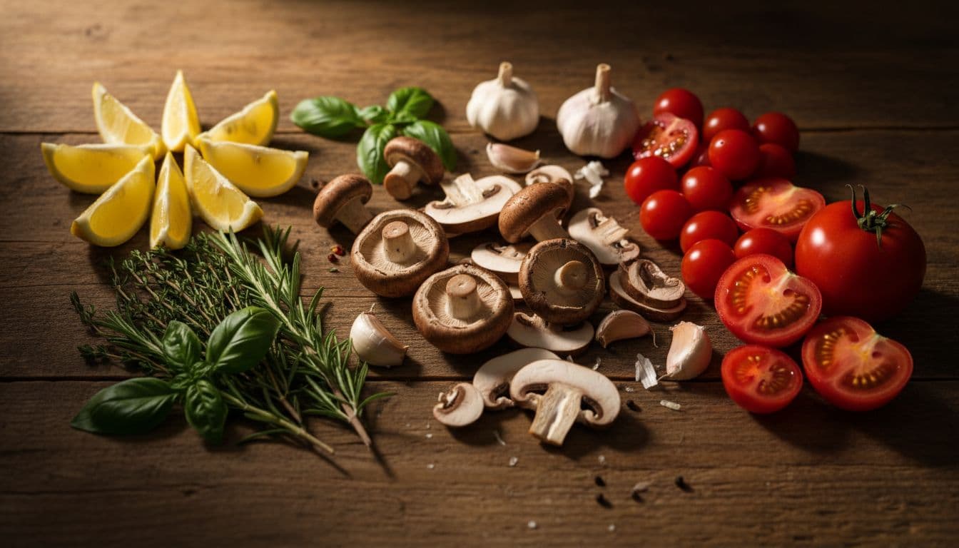 Top-down assortment of sliced lemon, fresh herbs, mushrooms, garlic cloves, and tomatoes on a rustic wooden kitchen counter, cinematic style with dramatic lighting.