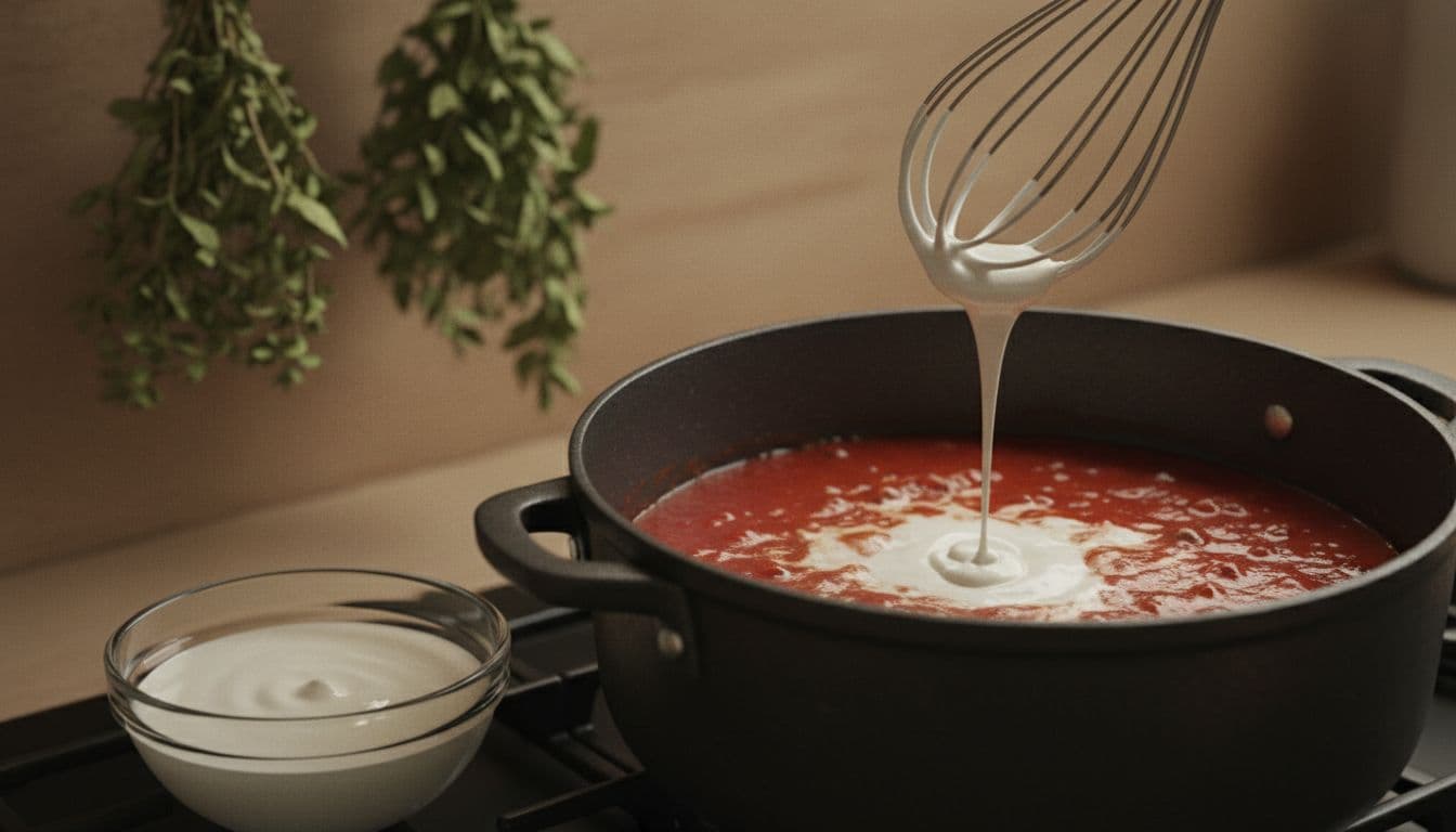 A small glass bowl holds smooth white cornstarch slurry next to a pot of simmering red tomato sauce on a kitchen stove, with a whisk dripping slurry into the bubbling sauce. Cinematic style features strong contrast, depth of field on the slurry addition, dramatic lighting, and a warm kitchen setting with herbs in the background.