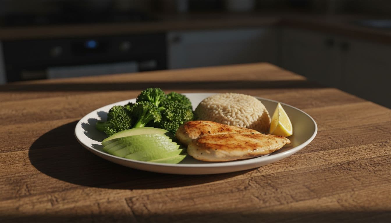 Wooden kitchen counter with a single balanced meal plate: grilled chicken breast, steamed broccoli florets, brown rice, sliced avocado, and lemon wedge, in cinematic style with dramatic lighting.