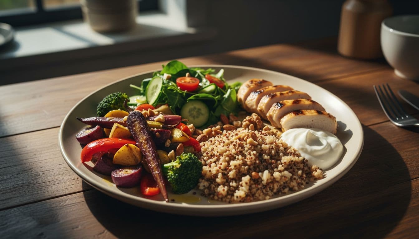 Close-up cinematic view of a balanced dinner plate on a wooden table: half filled with colorful roasted vegetables and fresh salad greens, one quarter grilled chicken breast with full-fat yogurt, one quarter quinoa and brown rice mix, drizzled with olive oil and scattered nuts.