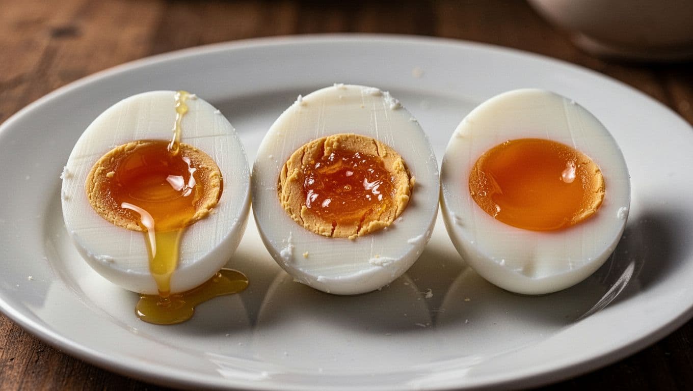 Cross-section views of three boiled eggs side by side showing soft runny yolk, jammy yolk, and firm hard yolk, all with firm whites on a white plate in a simple kitchen setting.