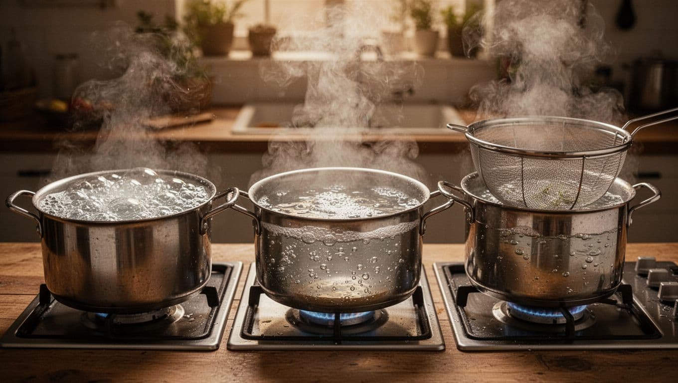 Three pots side by side on a wooden kitchen counter: left with rolling boil and large bubbles, middle simmering with small gentle bubbles, right steaming with steam rising from boiling water below a basket. Close-up cinematic style with warm lighting, strong contrast, and focus on water surfaces and steam.