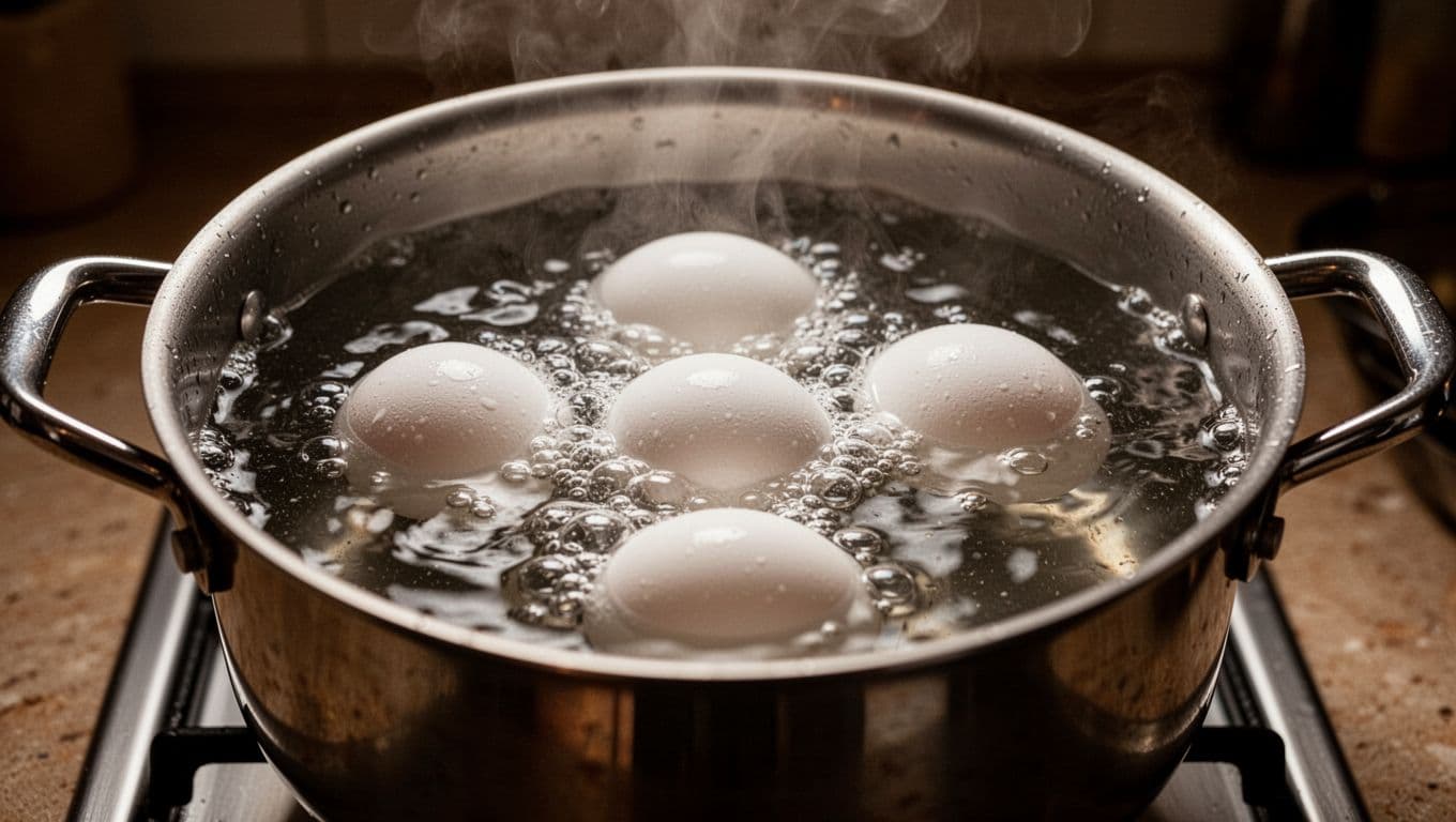 Close-up of a pot of gently boiling water with exactly three large white eggs submerged and steam rising softly on a kitchen counter.