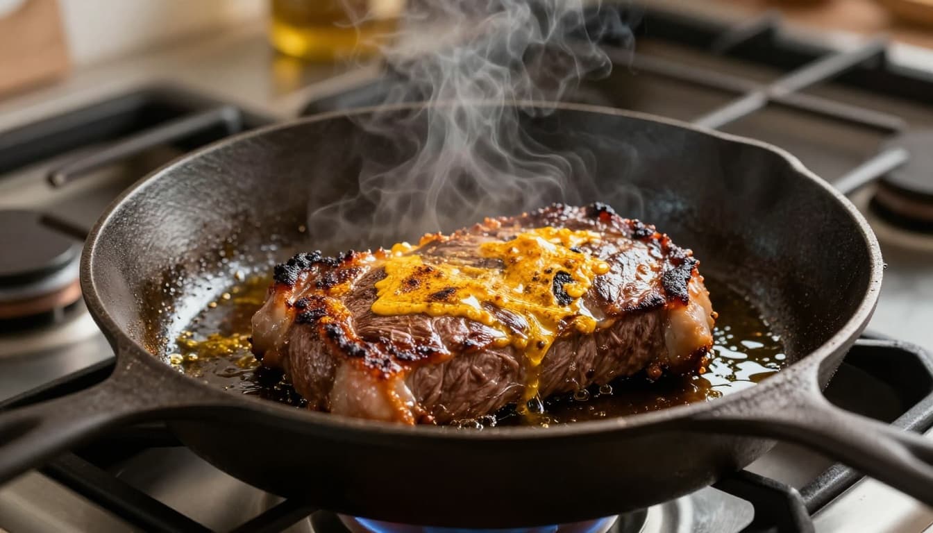 Close-up side view of a cast iron skillet on a gas stovetop searing two pieces of steak with golden brown crusts forming, sizzling oil, and faint steam rising against a blurred kitchen background in cinematic style.