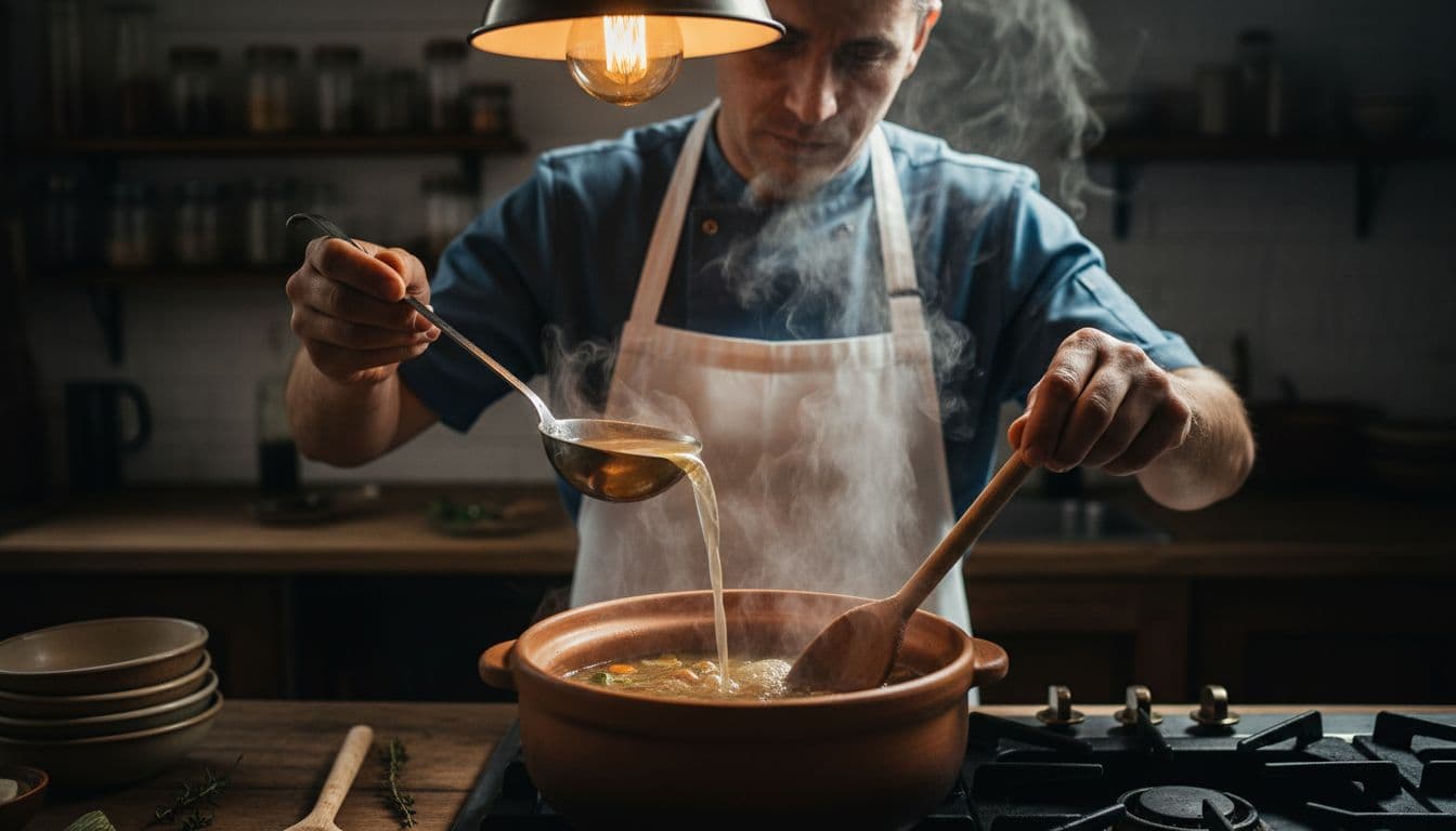 A close-up view of a chef in a home kitchen adding unsalted broth to a simmering pot of soup on the stove, steam rising gently, wooden spoon stirring slowly in cinematic style.