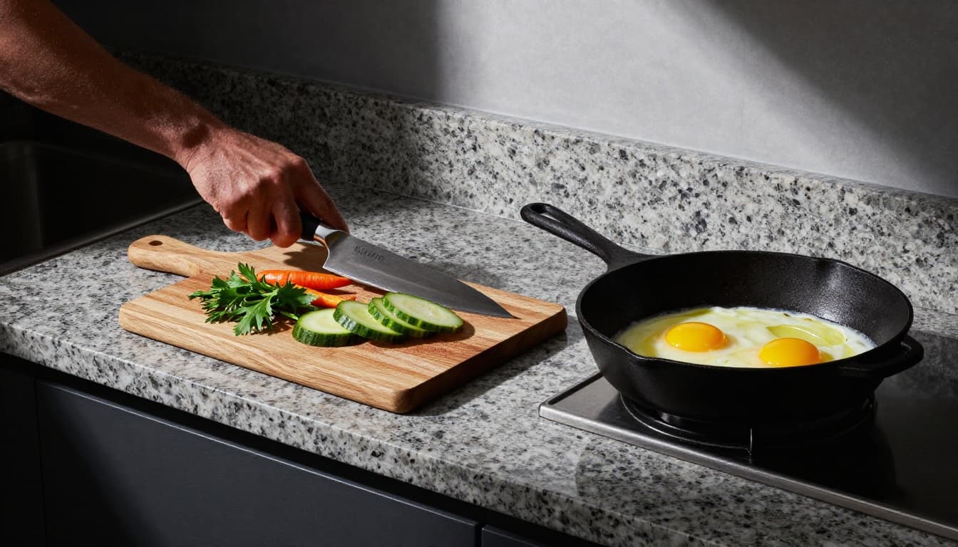 Top-down view of a sharp 8-inch chef's knife, sturdy wooden cutting board with sliced vegetables and herbs, and 10-inch cast iron skillet cooking eggs on a compact granite counter.