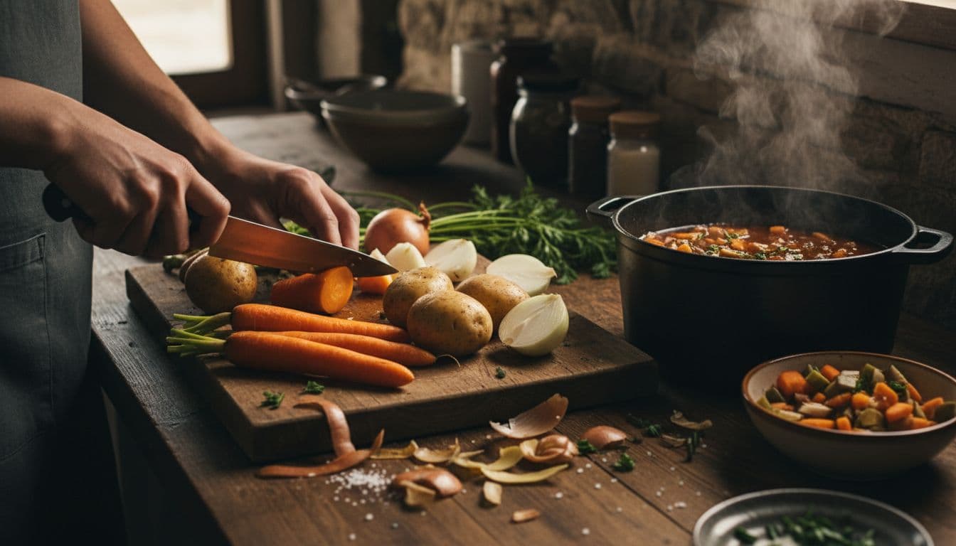 Fresh vegetables like carrots, potatoes, and onions being chopped on a wooden cutting board next to a pot of salty stew in a cozy kitchen with scattered ingredients and dramatic cinematic lighting.