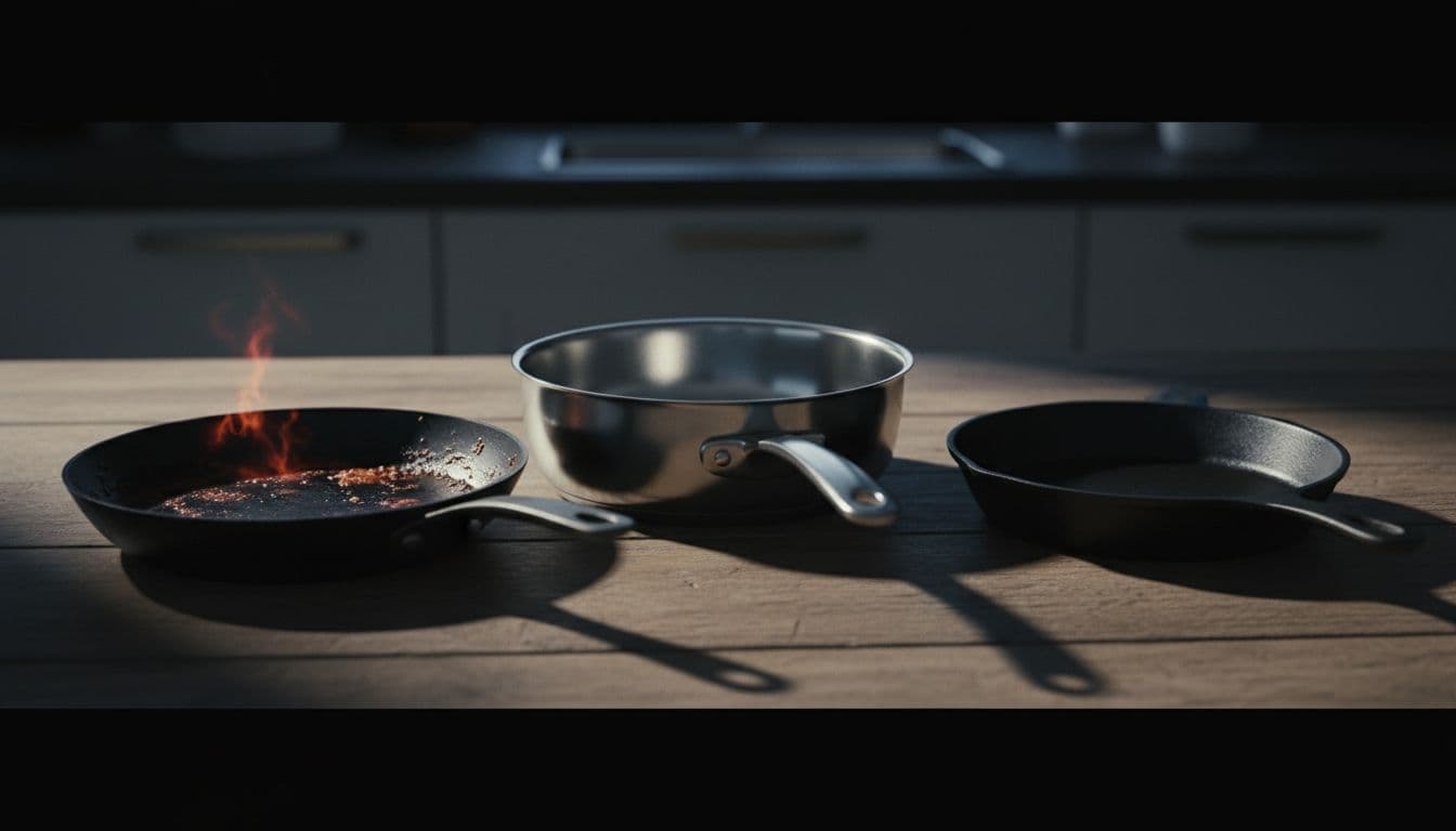 Assortment of three pans on a wooden kitchen counter: thin dark pan with hot spots and burnt residue next to thick clean stainless steel pan, cinematic style with strong contrast, dramatic side lighting, shadows, and depth of field.