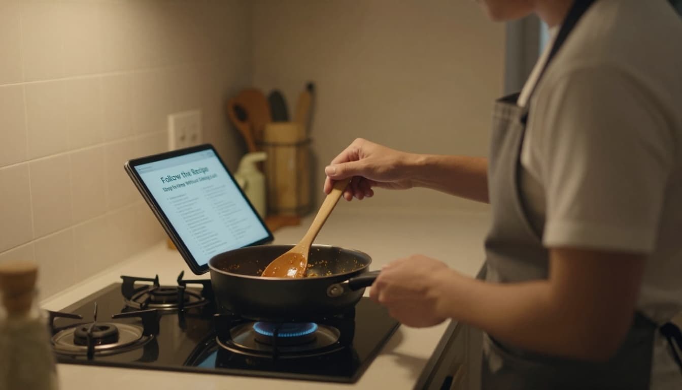 A mid-30s person in a cozy home kitchen, wearing an apron, reads a recipe on a propped tablet while stirring sauce in a pan on the stove with a wooden spoon. Side view composition with warm kitchen light, cinematic style, strong contrast, depth, and dramatic lighting.