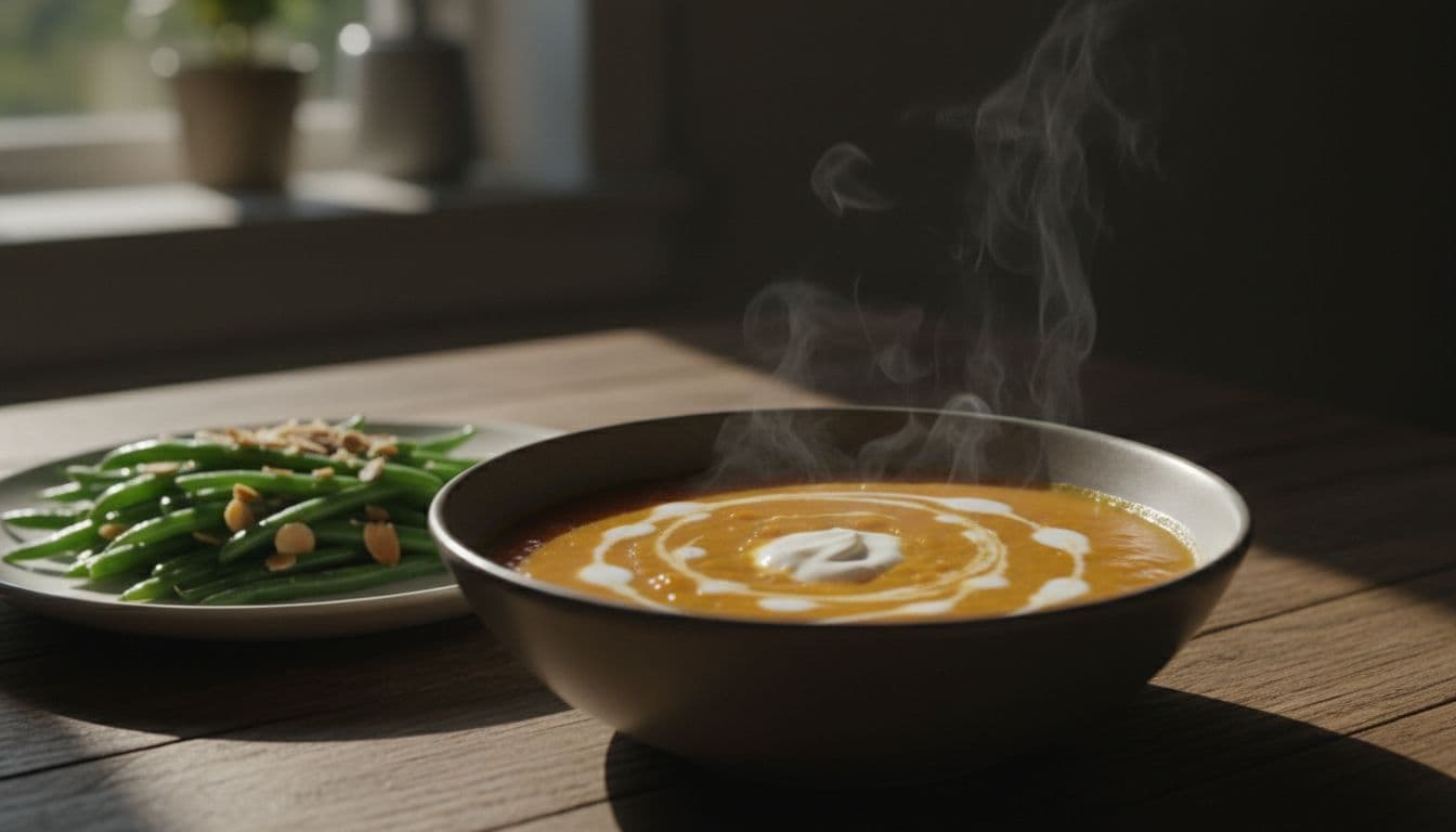A cozy bowl of lentil sweet potato soup with coconut milk, topped with a yogurt swirl and served beside green beans, with warm steam rising in cinematic style with strong contrast and dramatic lighting.