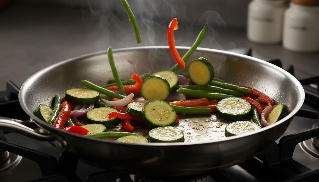 Sliced zucchini, green beans, red bell peppers, and onions sautéing in a hot stainless steel skillet with olive oil, featuring crisp seared edges, bright colors, and steam escaping for even browning.