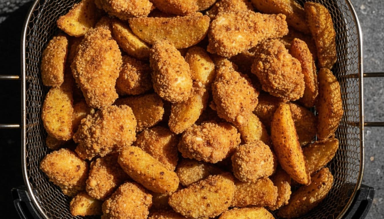 Golden brown crispy potato wedges and chicken pieces in an air fryer basket, close-up from above in cinematic style with dramatic lighting and strong contrast.