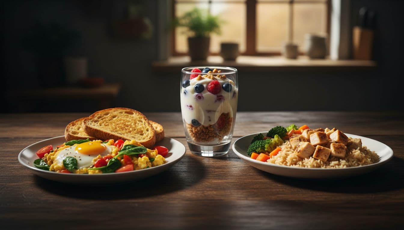 Assortment of three easy balanced meals on plates: egg veggie scramble with toast, yogurt parfait with berries and nuts, chicken rice bowl with veggies, arranged on a table in cinematic style with strong contrast and dramatic lighting.