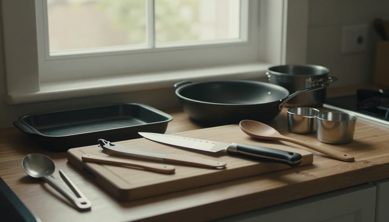 A simple home kitchen counter featuring basic beginner cooking tools neatly arranged: chef's knife on wooden cutting board, nonstick skillet, sheet pan, saucepan, wooden spoon, tongs, measuring cups and spoons. Cozy setting with soft window light and cinematic dramatic lighting.