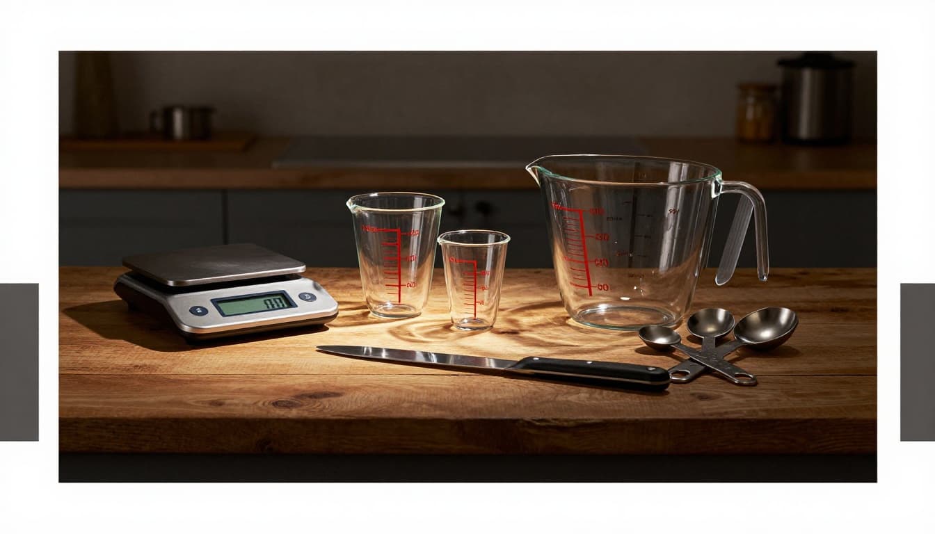 Assortment of essential kitchen measuring tools neatly arranged on a rustic wooden counter under dramatic side lighting, featuring digital scale, nested dry measuring cups, liquid measuring cup, measuring spoons, and straight-edge knife in cinematic style with warm earthy tones.