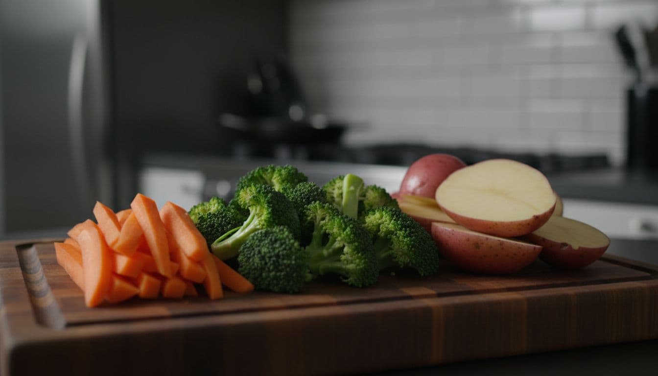 Evenly cut carrot batons, broccoli florets, and potato wedges, all uniform in 1-2 inch sizes, arranged vibrantly on a wooden cutting board ready for cooking with cinematic lighting and sharp focus.