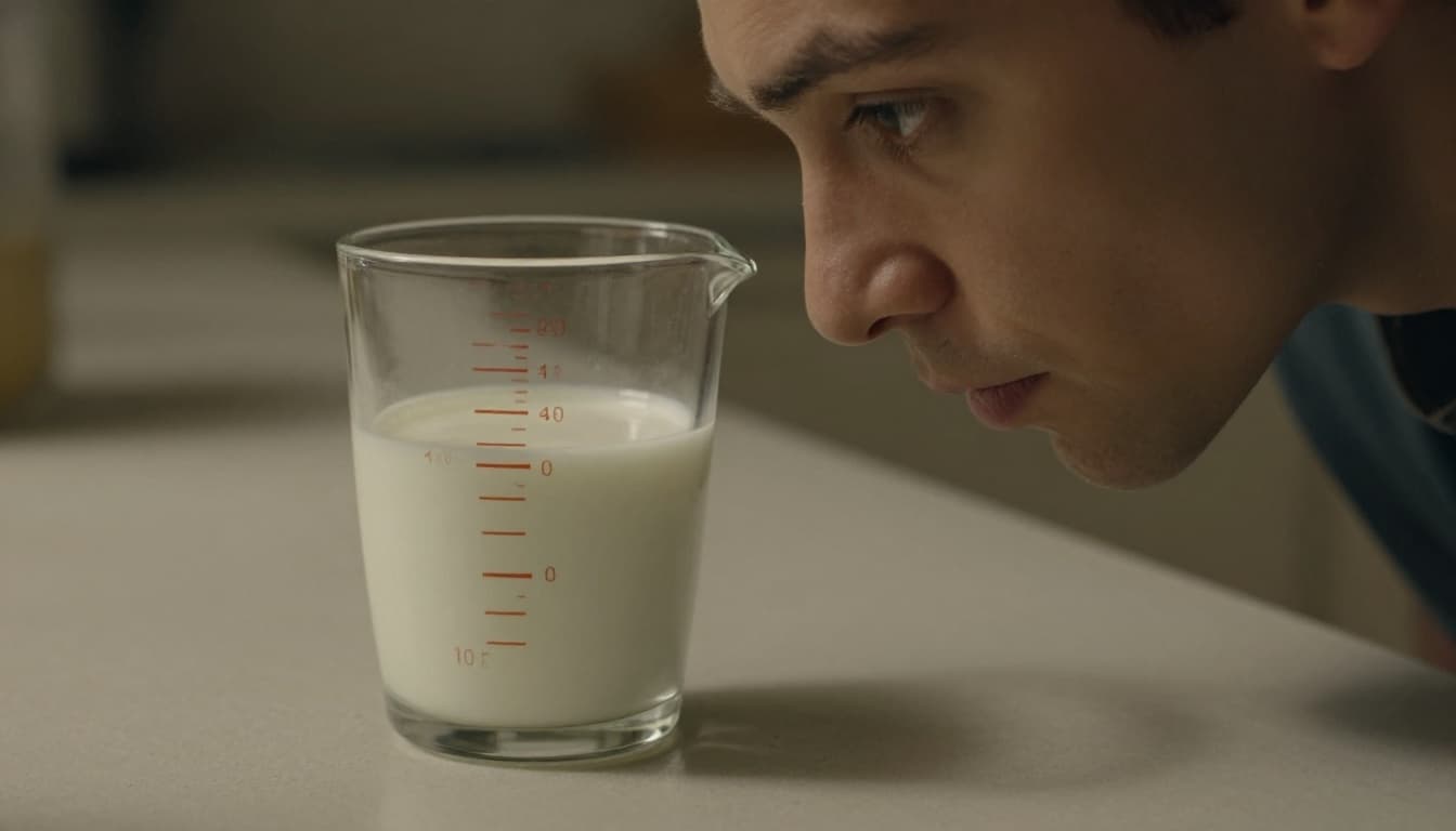 A person at eye level reads the 1 cup mark on a clear glass measuring cup filled with milk, focusing on the bottom of the meniscus curve in a kitchen setting with cinematic lighting and warm tones.