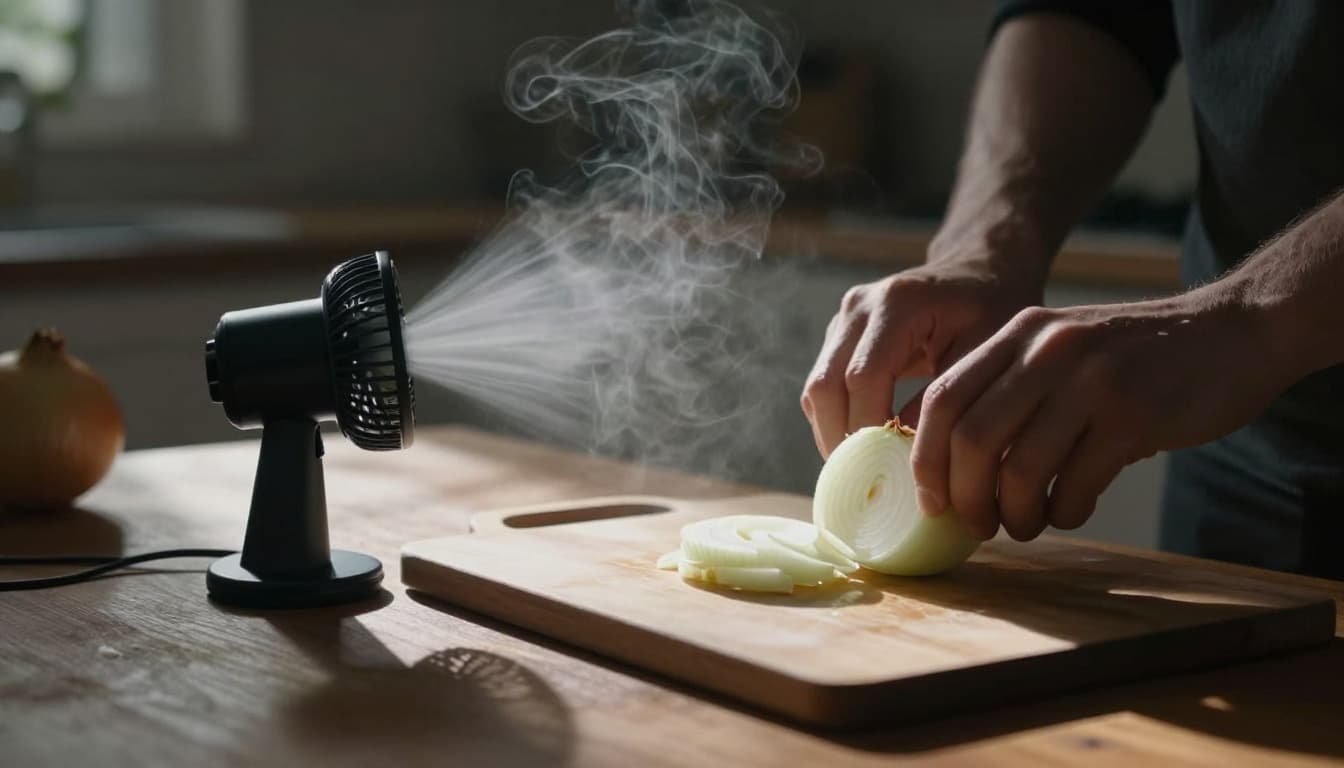 Small portable fan on wooden kitchen counter blows air across cutting board with hand slicing halved onion, directing misty fumes away from face. Dramatic cinematic style with strong contrast, depth of field, and side lighting.