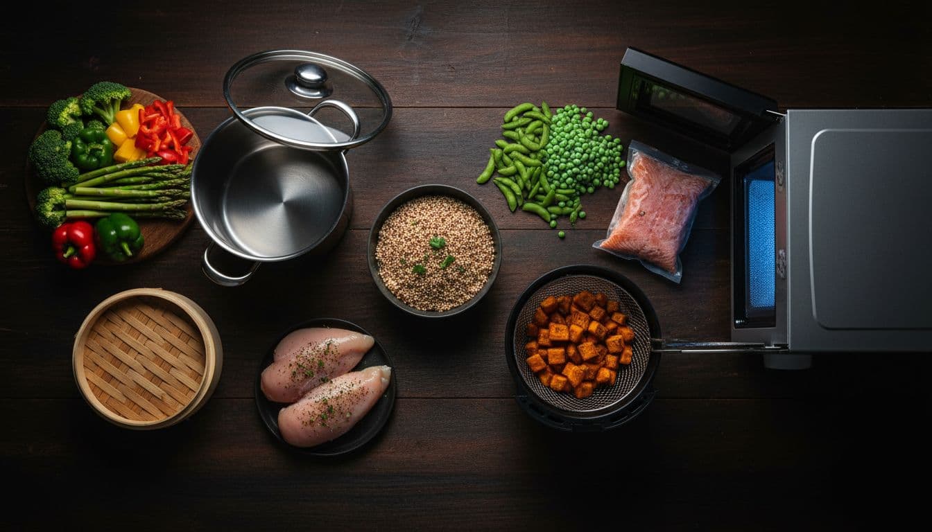 Top-down cinematic composition of assorted fresh vegetables, chicken breast, quinoa grains, and frozen foods on a kitchen counter with nearby cooking tools like steamer, pot, and air fryer implying various methods. Dramatic lighting, strong contrast, and depth, no people, text, or logos.