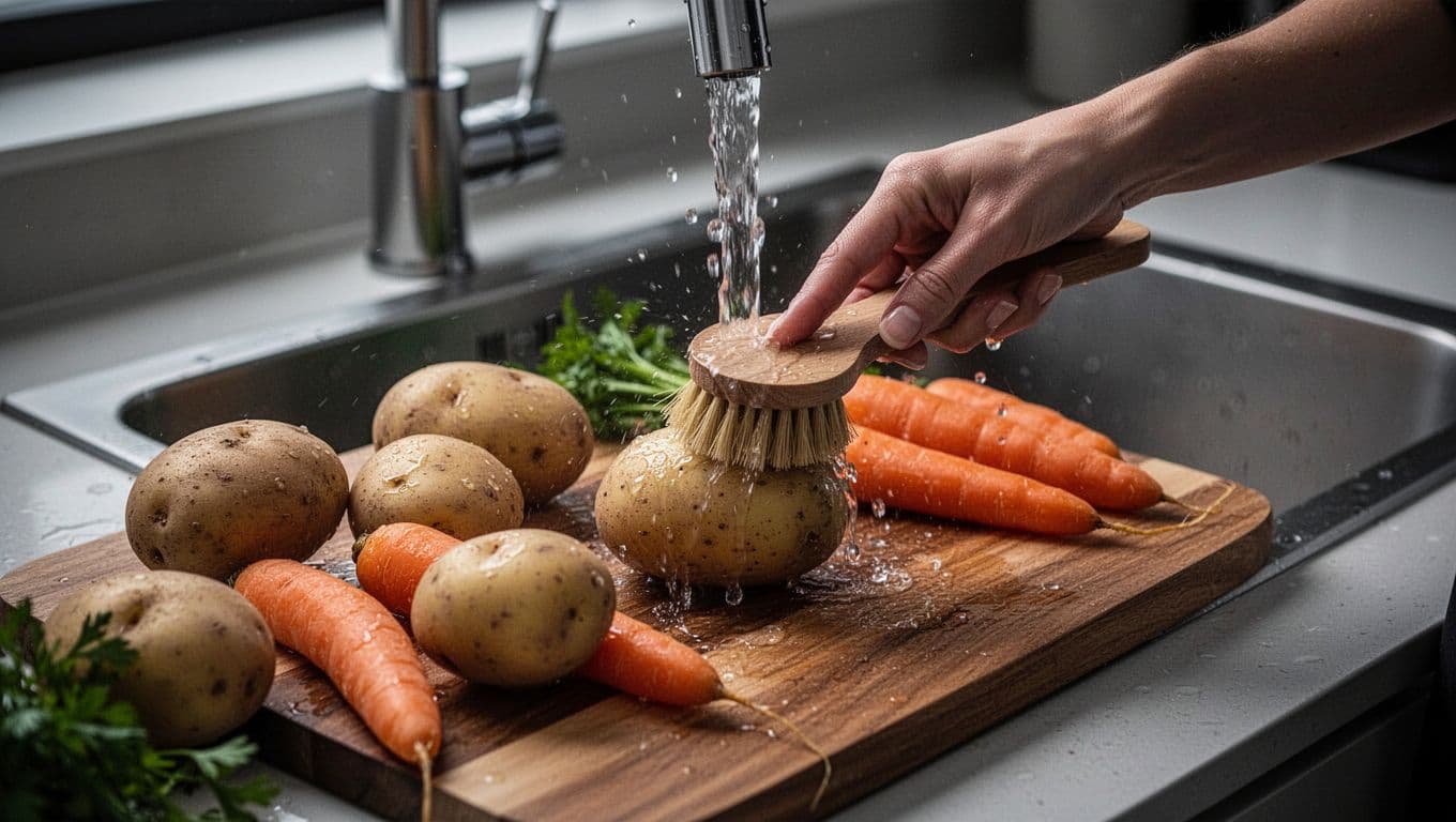 Potatoes and carrots on a wooden cutting board next to a sink, one potato gently scrubbed with a vegetable brush under running water by one hand. Side angle in modern kitchen with cinematic style, strong contrast and dramatic lighting.
