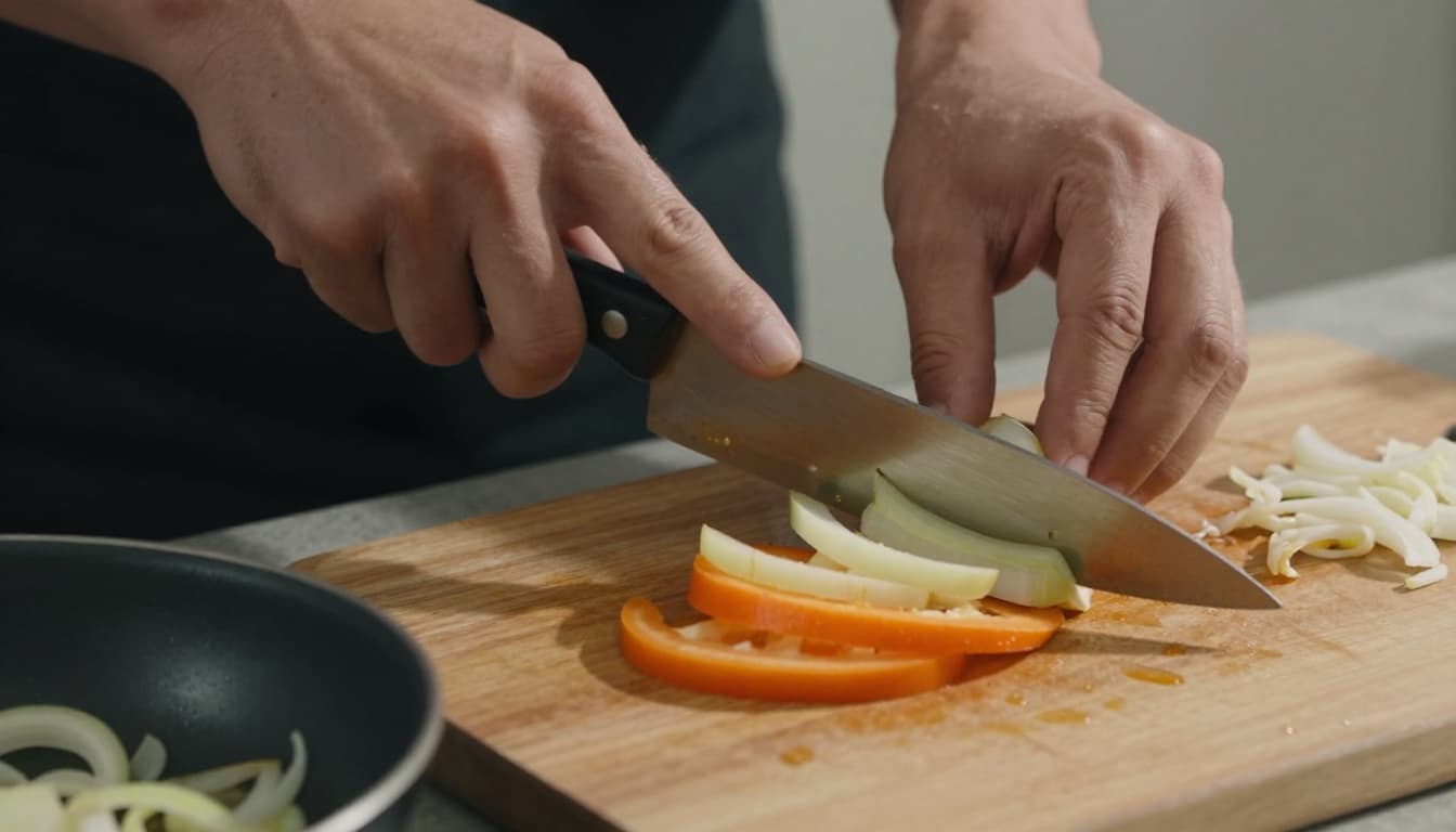 Close-up of hands evenly chopping vegetables on a cutting board next to a pan with sautéing onions in a simple kitchen setup. Focuses on beginner knife skills and sautéing techniques with cinematic lighting, strong contrast, and depth; no faces or text visible.
