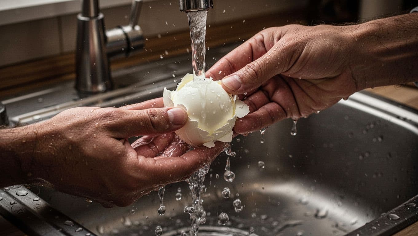 Close-up view of two hands easily peeling a hard-boiled egg under cool running water in a kitchen sink, with the shell effortlessly coming off to reveal a smooth white egg, captured in cinematic style with dramatic lighting on water droplets.