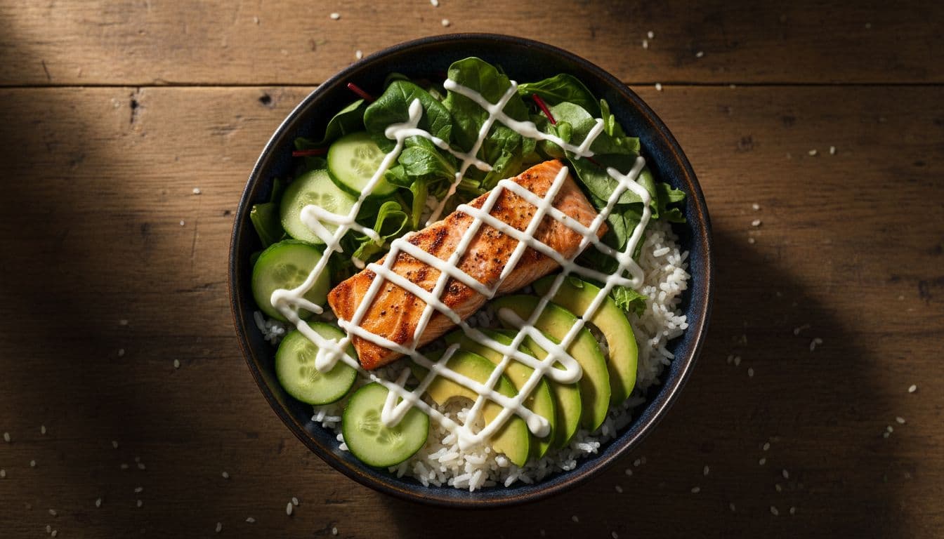 Vibrant rice bowl topped with grilled salmon, mixed greens, cucumber slices, avocado, and drizzled yogurt sauce, captured in a top-down view on a wooden table with cinematic style, strong contrast, depth, and dramatic lighting.