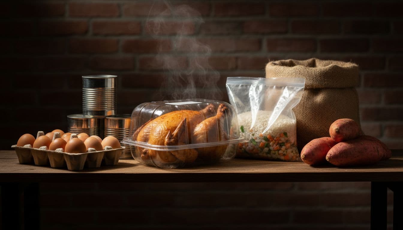 Neatly arranged essential grocery staples on a kitchen shelf, including eggs in carton, canned beans, rotisserie chicken, frozen vegetable bag, rice bag, and sweet potatoes. Cinematic composition with strong contrast, depth, and dramatic lighting, no people, text, brands, or extra items.