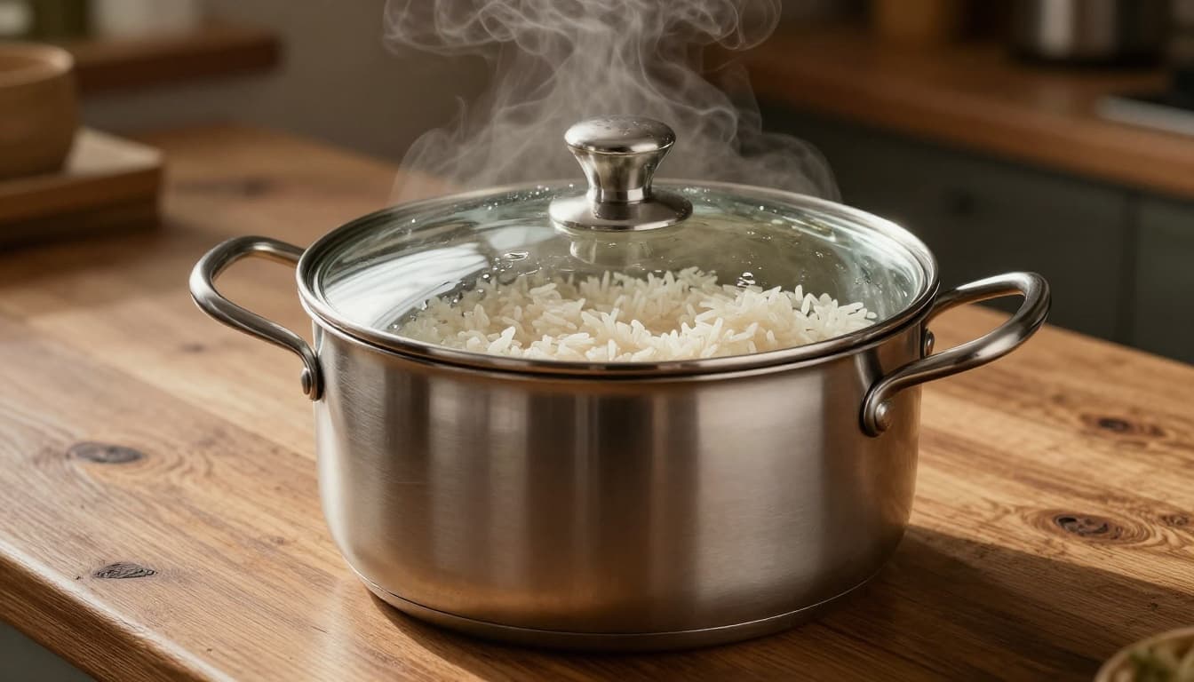 Heavy-bottomed stainless steel saucepan with tight-fitting glass lid on rustic wooden kitchen counter, water and uncooked white rice visible through lid, side angle with warm lighting and rising steam.