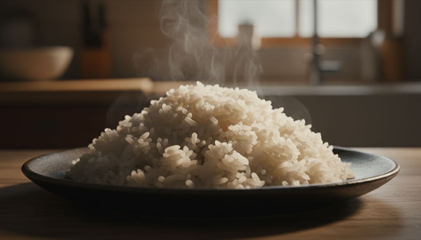 A close-up view of perfectly cooked fluffy white rice grains, separated and steaming slightly on a dark plate in a cozy kitchen with soft dramatic side lighting emphasizing texture through strong shadows and highlights. Cinematic style with high contrast, depth, and a warm neutral palette, featuring exactly one centered plate with no people, utensils, or text.