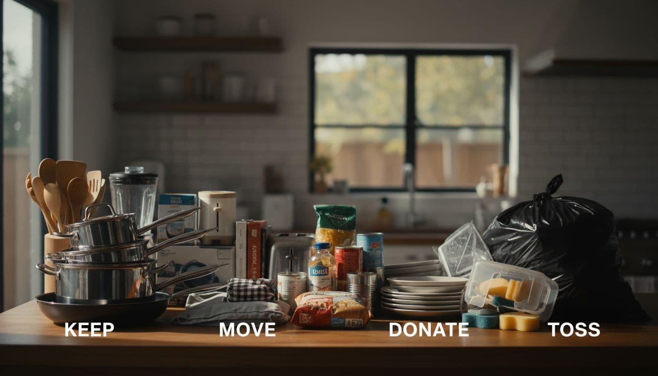 Piles of kitchen items organized into keep, move, donate, and toss categories on a wooden kitchen counter in a bright home, close-up cinematic style with dramatic lighting.