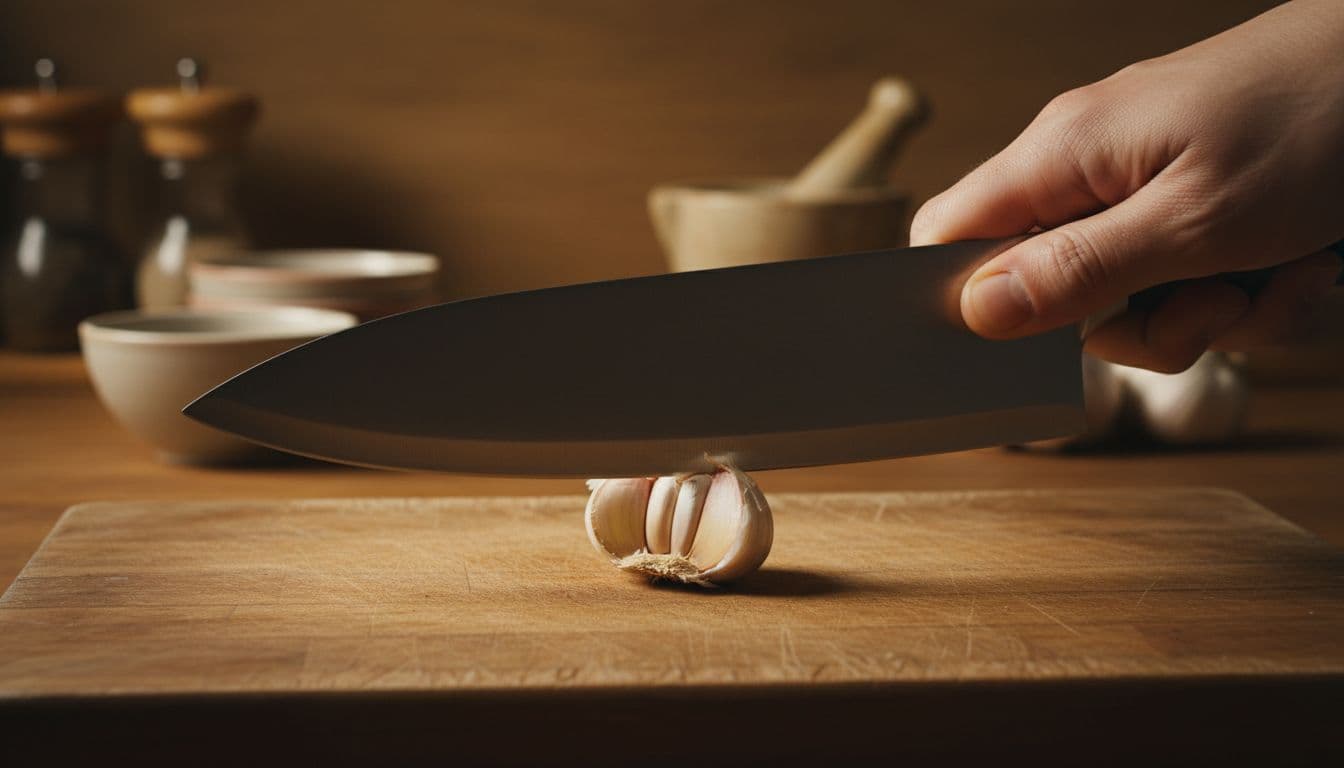 Close-up of a single garlic clove on a wooden cutting board, cracked open slightly by pressing the flat side of a chef's knife firmly with one hand. Cinematic style with dramatic lighting and warm earthy tones, visualizing the knife smash method for easy peeling.