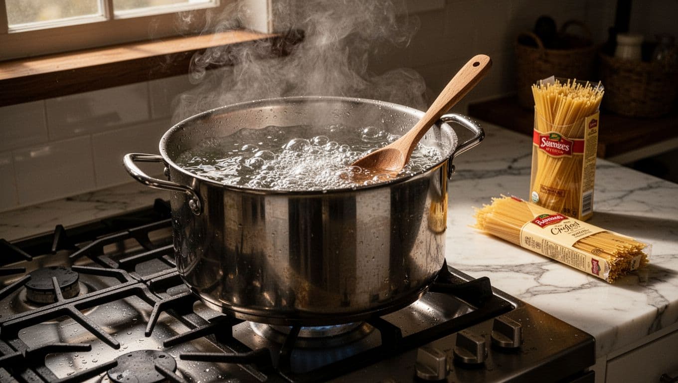 Large stainless steel pot on gas stove filled with 5 quarts of vigorously boiling water, bubbles rising fast, steam escaping, wooden spoon resting on edge, and box of dried spaghetti on marble countertop nearby in cozy home kitchen.