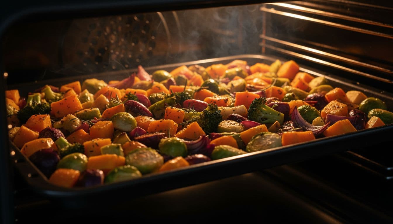 Colorful vegetables roasting on a sheet pan in the oven, featuring golden brown edges, rising steam, close-up side view with cinematic style, strong contrast, depth, and dramatic warm lighting.