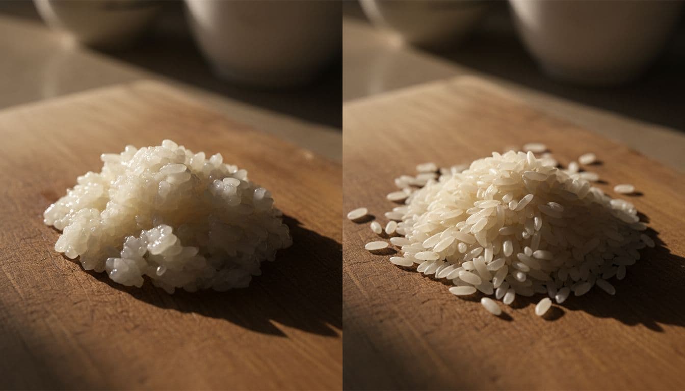 Top-down split view on a wooden cutting board in a home kitchen: left side shows mushy, sticky, clumped white rice; right side shows dry, hard uncooked rice grains, with dramatic overhead lighting highlighting texture differences.