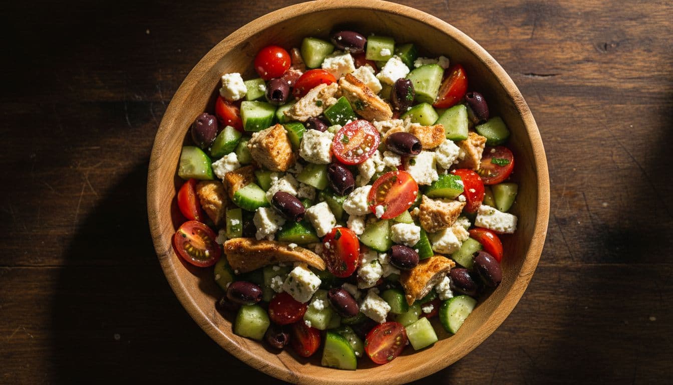 Vibrant chopped Greek salad bowl with rotisserie chicken chunks, cherry tomatoes, cucumbers, feta cheese, olives, dressed simply on a wooden kitchen counter. Close-up top-down cinematic composition ideal for low-energy no-cook evenings.