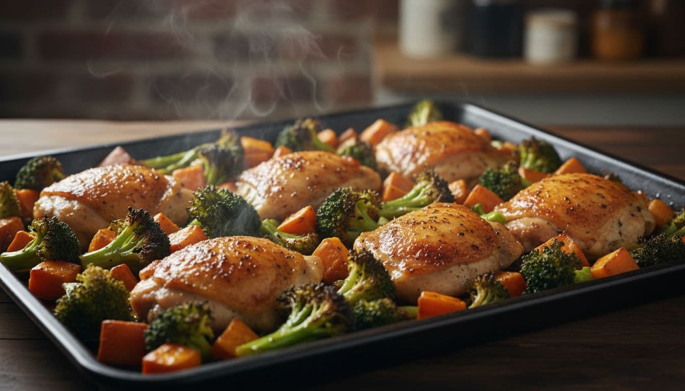Sheet pan roasted chicken thighs, broccoli florets, and sweet potato chunks drizzled with oil, fresh from the oven with subtle steam rising. Cinematic style featuring strong contrast, depth, and dramatic lighting, one pan only, no people or utensils.