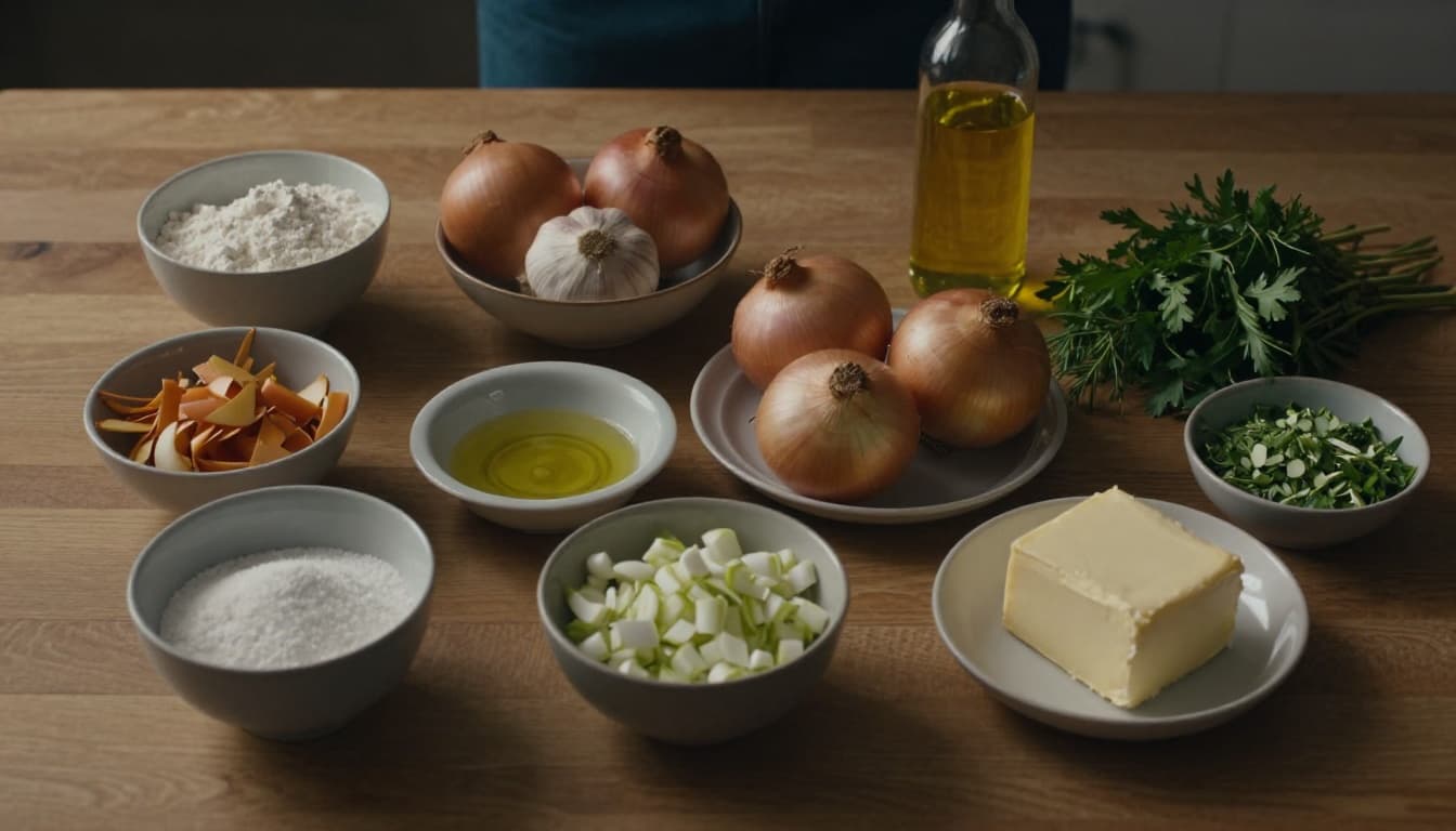 Top-down composition of neatly arranged prepped ingredients including flour, sugar, onions, garlic, herbs, oil, and butter on a wooden kitchen counter. Cinematic style with dramatic side lighting, strong contrast, and depth.