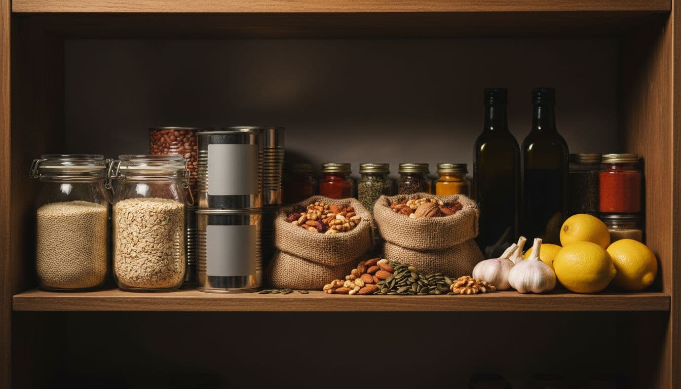 Neatly organized kitchen pantry shelf stocked with balanced meal basics including jars of quinoa and oats, cans of beans, bags of nuts and seeds, bottles of olive oil, fresh garlic bulbs, lemons, and spices, in cinematic style with dramatic warm lighting.