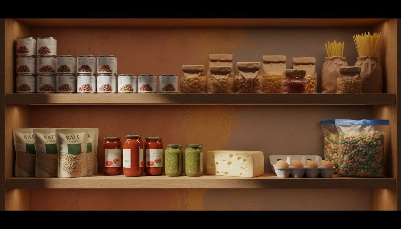 Neat open kitchen pantry shelf stocked with canned beans, dry pasta, rice pouches, tomato sauce, pesto, eggs, frozen vegetables, and cheese. Soft even lighting highlights perfect organization in cinematic style.