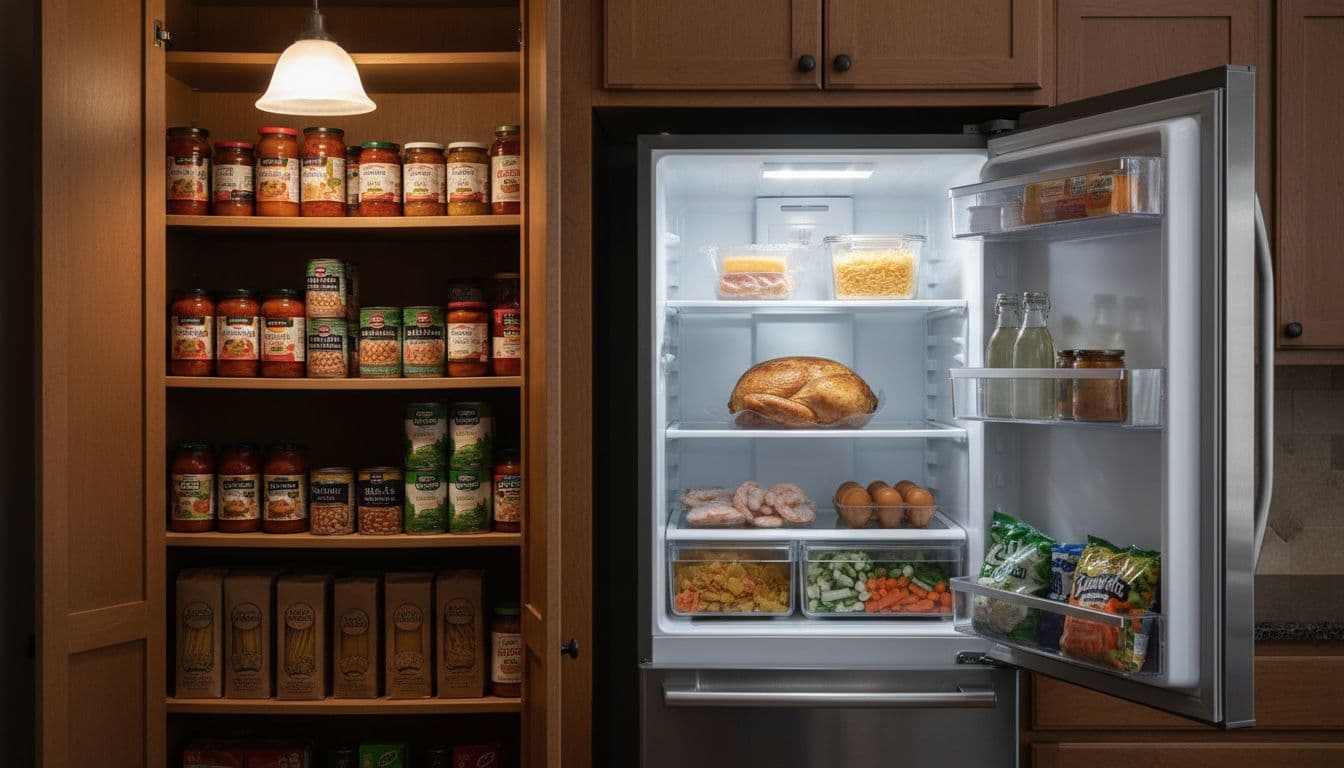 Neatly arranged home kitchen pantry shelves and open fridge door showcasing quick-cook essentials like canned beans, jarred sauces, pasta, frozen shrimp and vegetables, eggs, cheese, and rotisserie chicken in a warm cinematic setting with dramatic lighting.