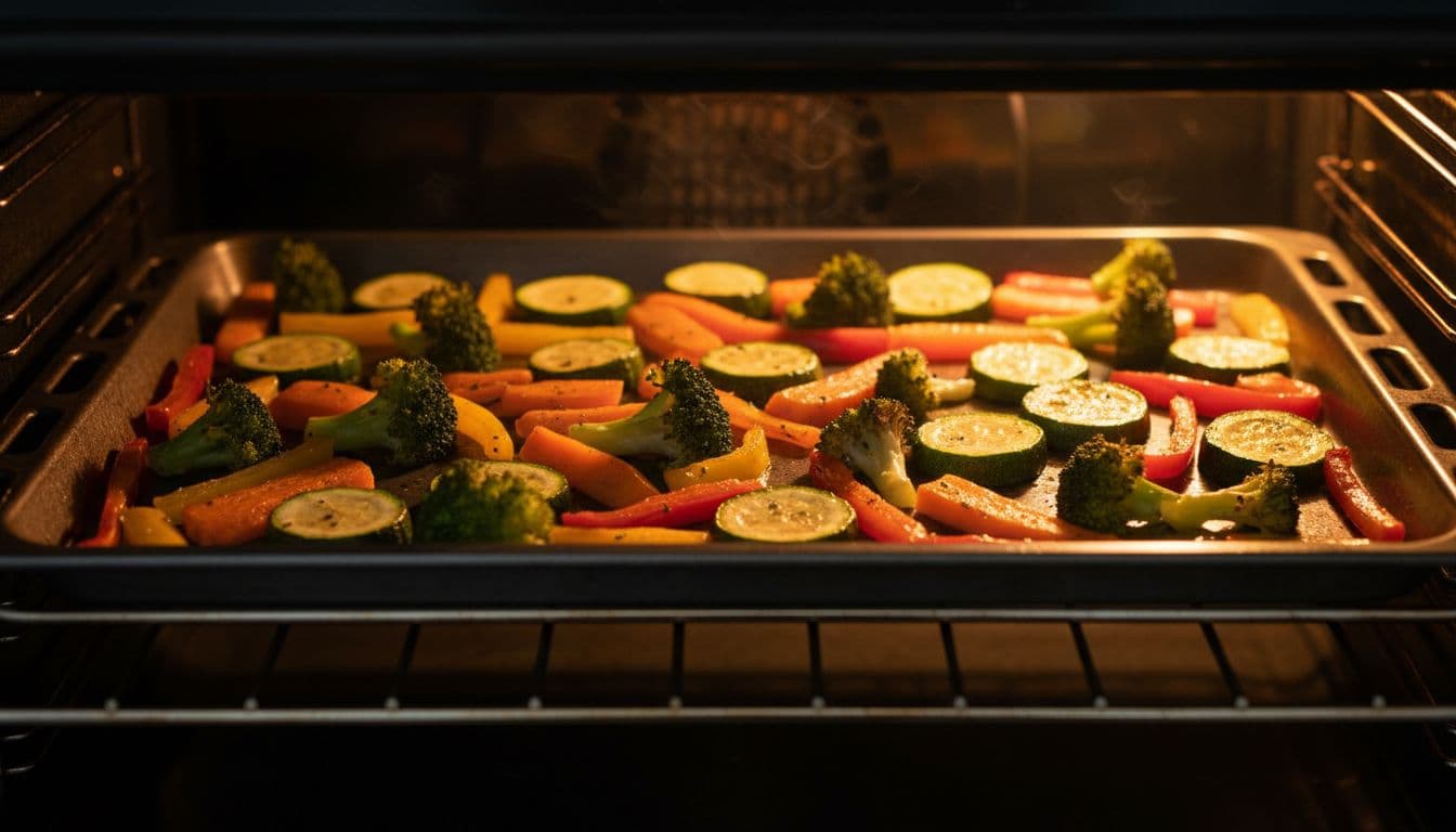 Assorted vegetables like broccoli, carrots, zucchini, and bell peppers roasting on a preheated sheet pan in a 425°F oven, forming golden brown caramelized edges in a single layer.