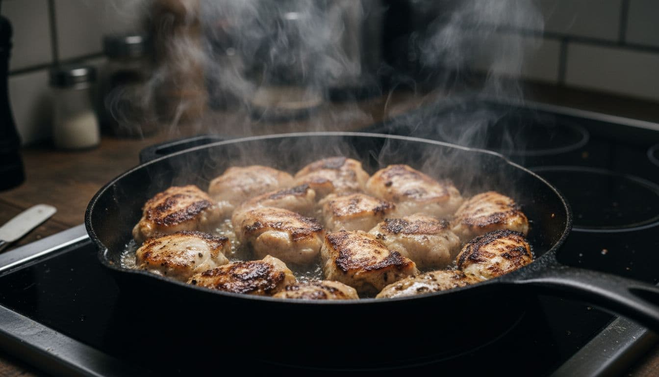 Overcrowded frying pan packed with about 12 chicken pieces on an electric stove, leading to steaming, uneven browning, and charring edges amid rising steam in a dramatic kitchen lighting.