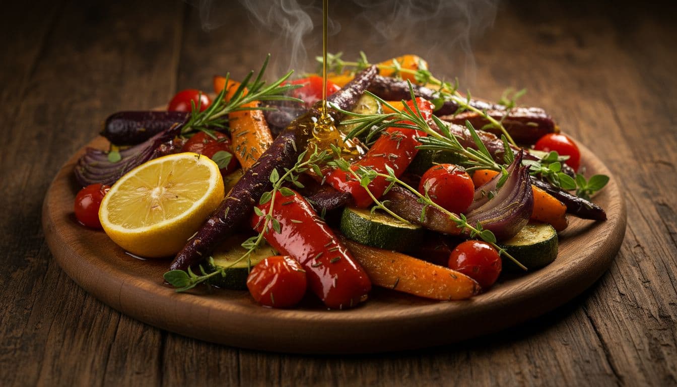 Plate of roasted vegetables with herbs, lemon wedge, and a drizzle of oil, vibrant colors, steam faintly rising, overhead composition on wooden table, cinematic style with strong contrast, depth, and dramatic lighting.