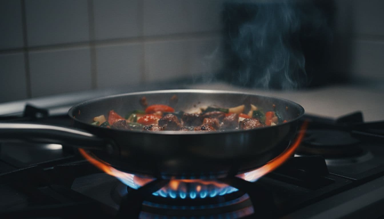 Close-up view of a stainless steel frying pan on a gas stove burner, featuring smoking oil and edges of food blackening and burning, with dramatic contrast between bright flames and dark smoke.