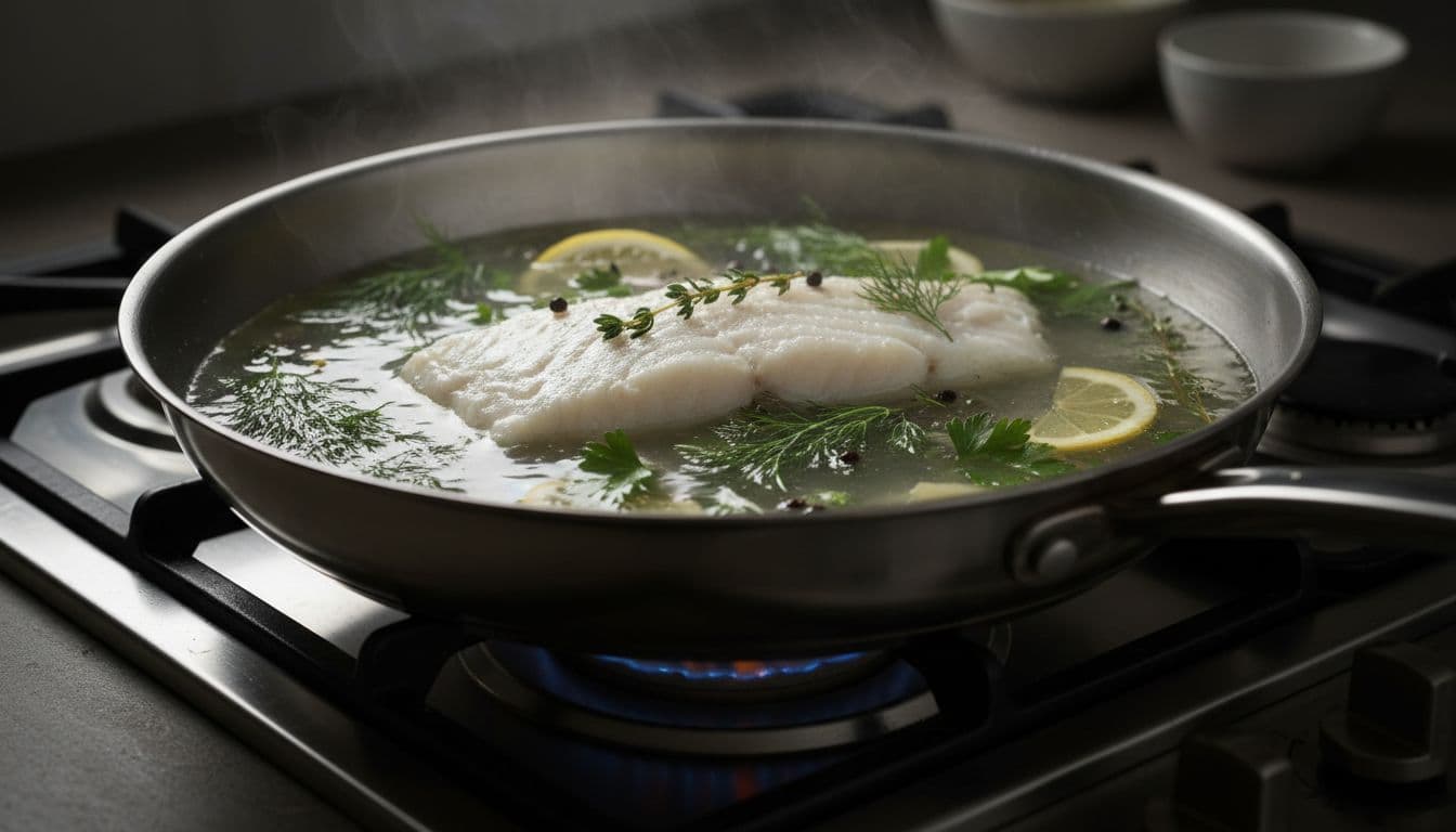 A white fish fillet poaching in a shallow pan of simmering water with herbs on a stovetop, side view in cinematic style with strong contrast, depth, and dramatic lighting.