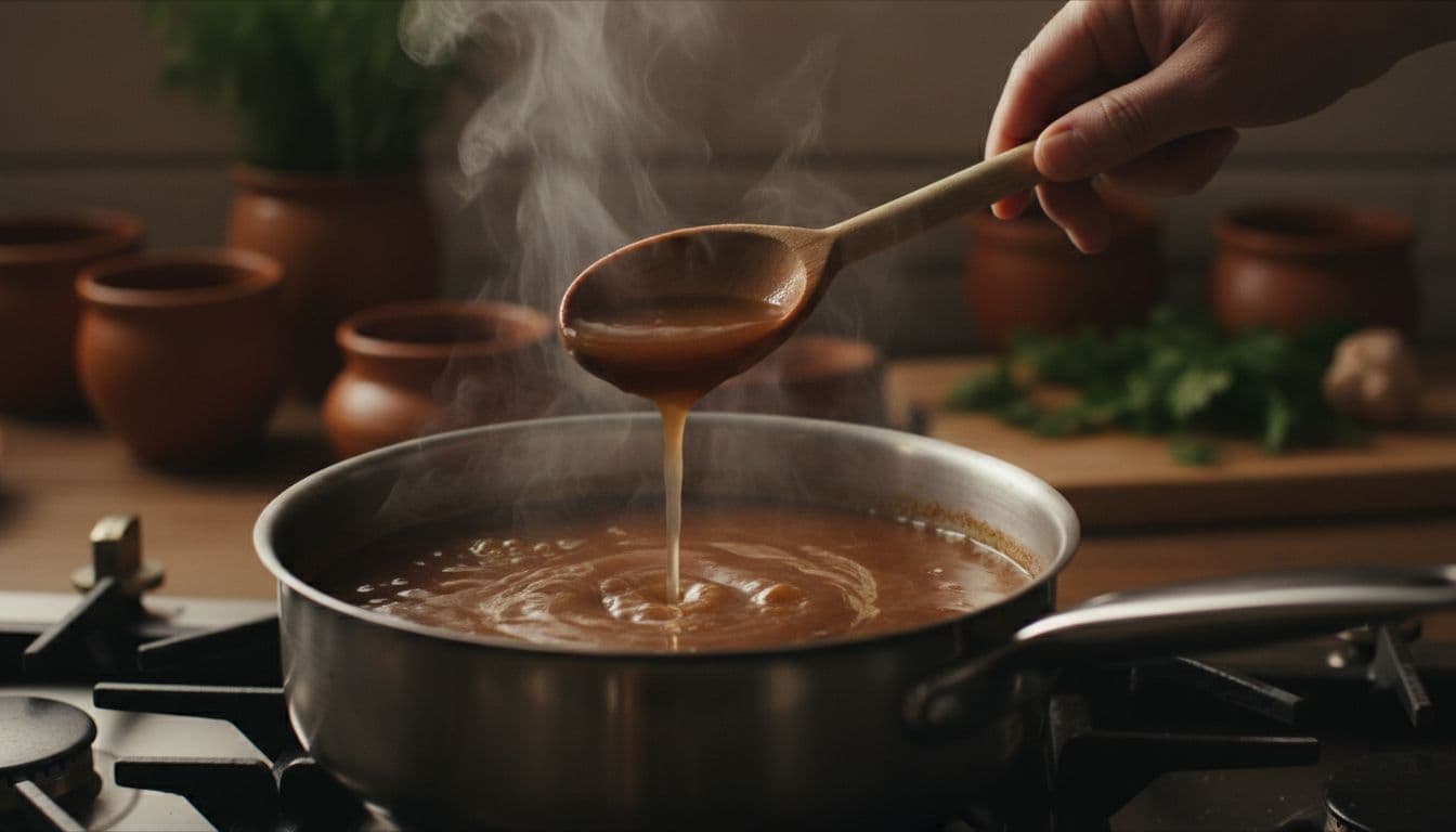 Close-up view of a hand with wooden spoon slowly pouring clear broth into thick brown gravy simmering in a stainless steel saucepan on a stovetop, with gentle steam rising.
