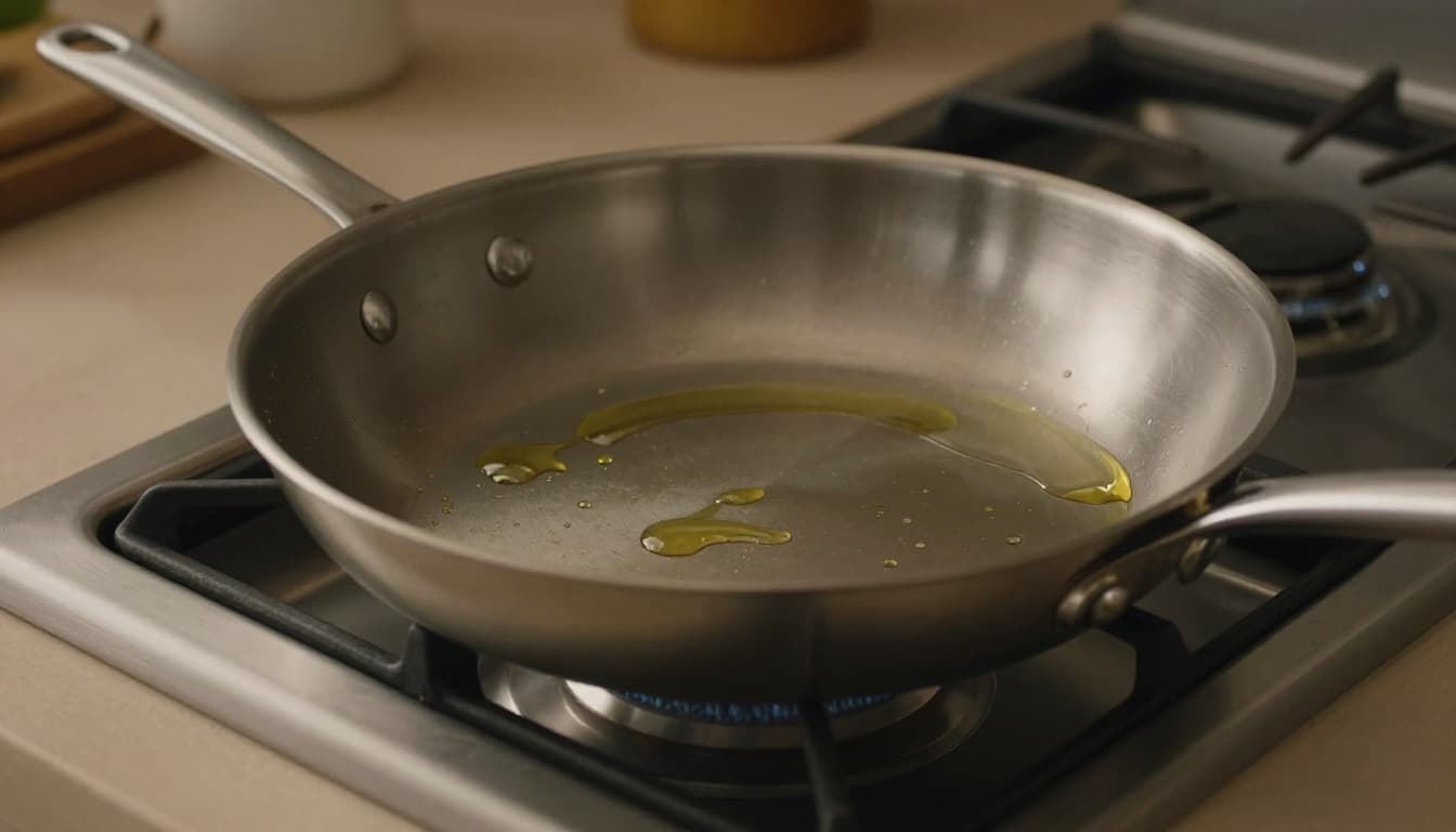 Wide 12-inch stainless steel sauté pan preheating on gas stovetop with thin layer of shimmering avocado oil, angled close-up on flat bottom and hot surface, cinematic style with strong contrast, depth, dramatic lighting, desaturated earthy palette.