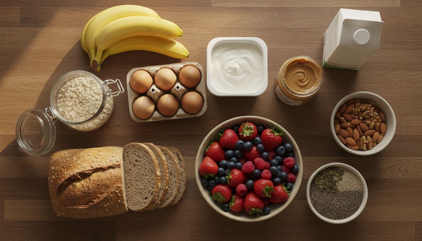 Assortment of breakfast staples neatly arranged on a wooden kitchen counter, including oats, yogurt, eggs, whole grain bread, peanut butter, bananas, berries, nuts, seeds, and milk. Cinematic top-down composition with warm morning light, neutral tones, strong contrast, and dramatic lighting.