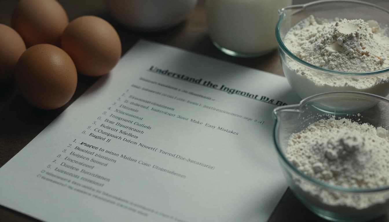 Close-up of a printed recipe ingredient list on paper next to fresh ingredients like eggs, milk, and flour in measuring cups, with shallow depth of field and cinematic dramatic lighting.